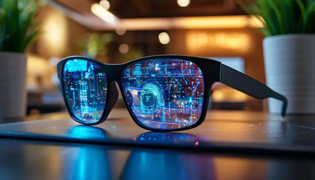 Smart glasses resting on a table with futuristic digital graphics and city lights reflected on the lenses, suggesting augmented reality technology.