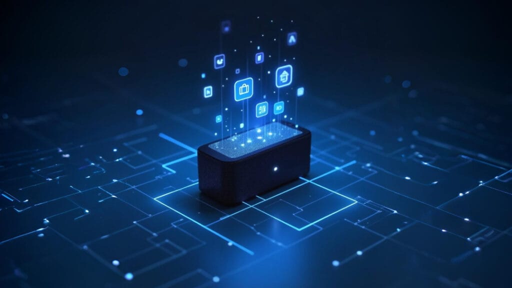 Smart speaker emitting glowing app icons on a digital circuit background, symbolizing modern AI and connected technology.