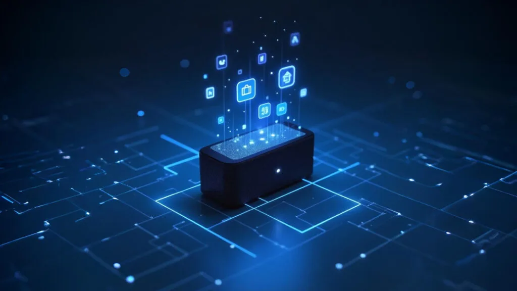 Smart speaker emitting glowing app icons on a digital circuit background, symbolizing modern AI and connected technology.