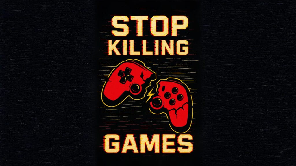 Illustration of a broken red video game controller split in half on a bright yellow background, symbolizing the loss of digital games and gamer rights.