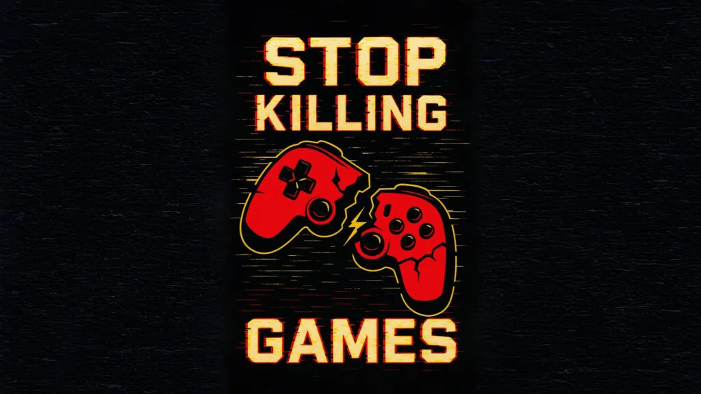 Illustration of a broken red video game controller split in half on a bright yellow background, symbolizing the loss of digital games and gamer rights.