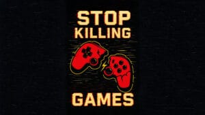 Illustration of a broken red video game controller split in half on a bright yellow background, symbolizing the loss of digital games and gamer rights.