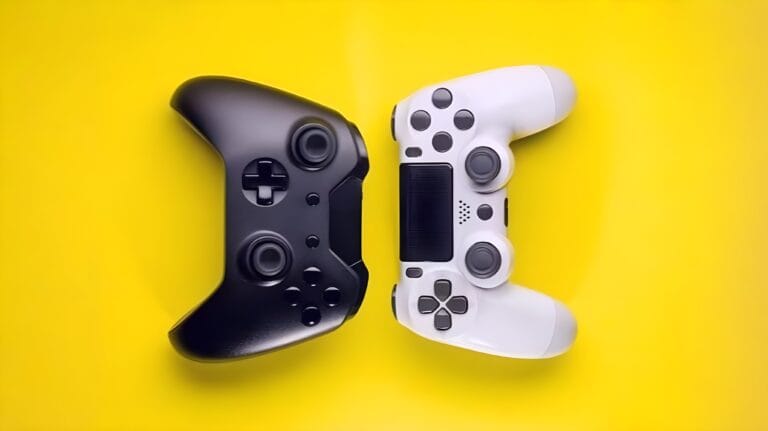Black Xbox controller and white PlayStation controller placed side by side on a bright yellow background, highlighting modern gaming hardware.