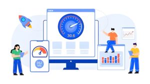 Illustration of people analyzing website speed on computer and mobile screens, with graphs, speedometers, and a rocket representing faster loading times.