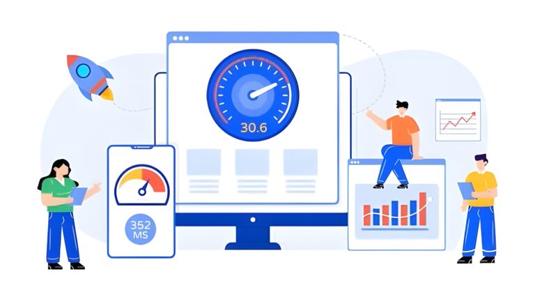 Illustration of people analyzing website speed on computer and mobile screens, with graphs, speedometers, and a rocket representing faster loading times.